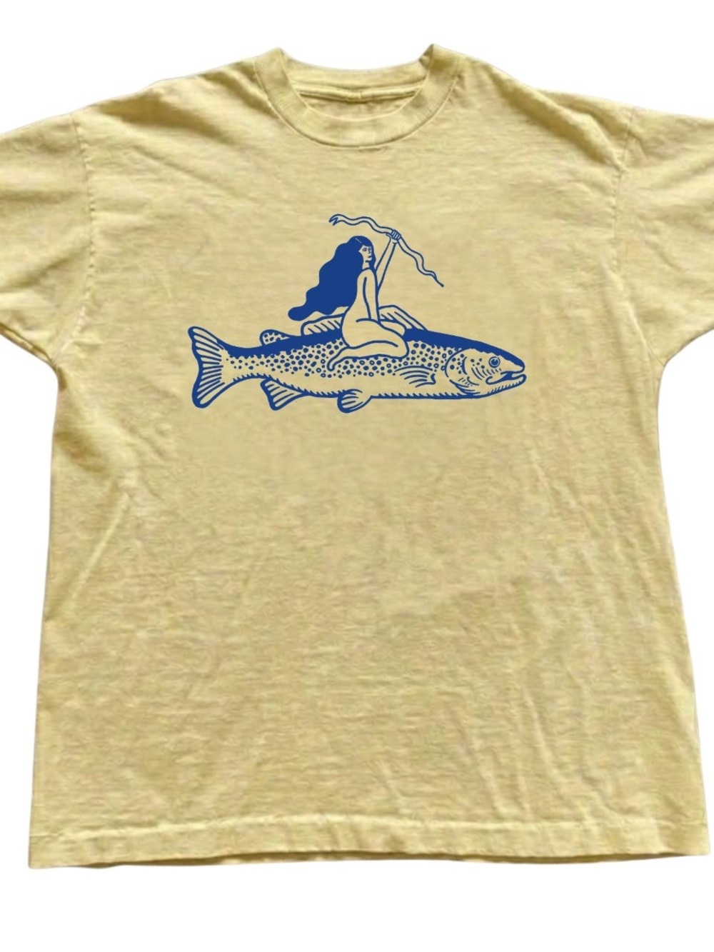 Gildan Yellow Tee with Blue Mermaid on Fish Graphic, Gift For Her, For Him